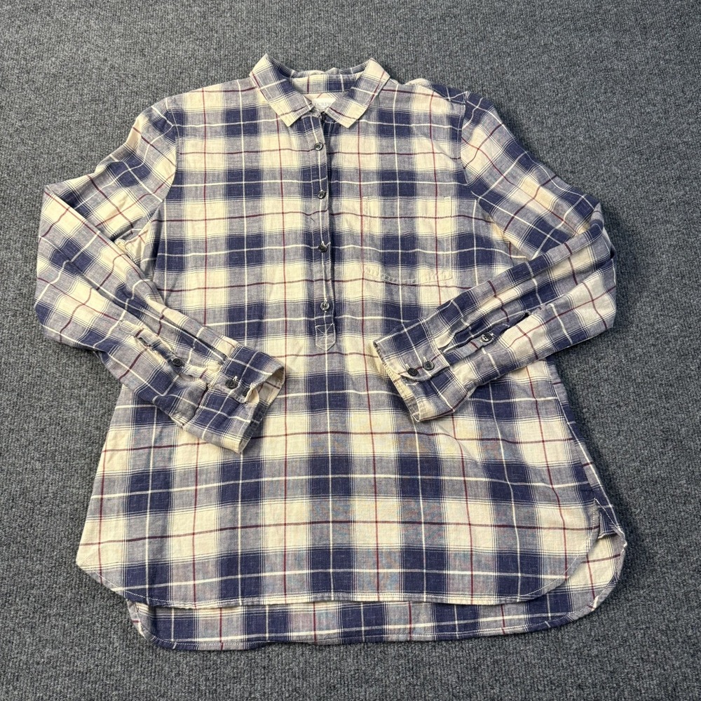 J Crew Womens Sz M Petite Boy Fit Multicolor Plaid Long Sleeve Half Button Shirt